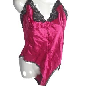 Vintage JCPenney Delicates Hot Pink Satin Black Lace Teddy Bodysuit Size M New